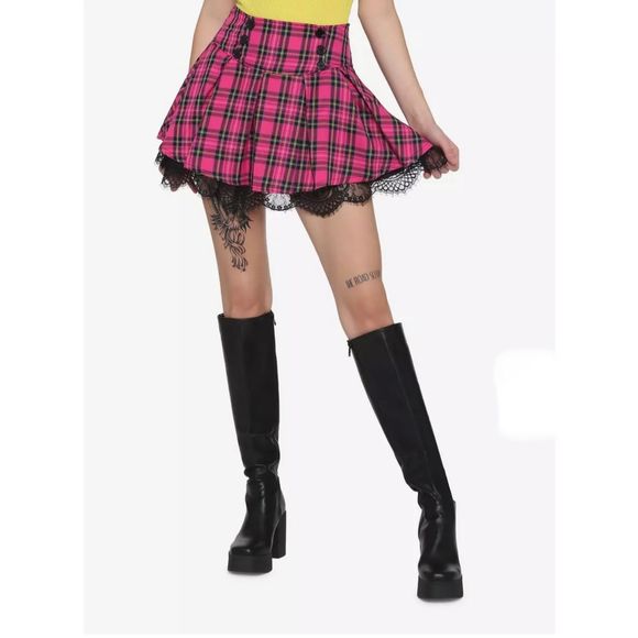 Hot Topic Skirts Hot Topic Pink Tartan Lace Trim Pleated Plaid